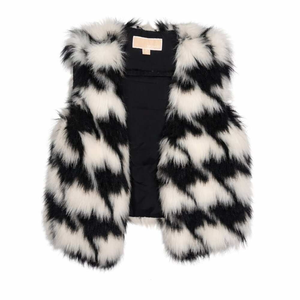Michael Kors Black & White Faux Fur Vest Herringbone Print On Trend Small